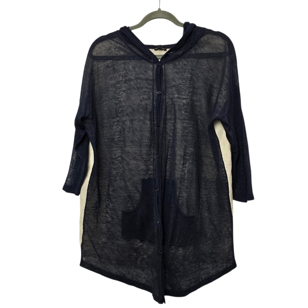 Rebecca Elliot Navy Blue & Cream Linen Blend Hooded Swim Cover Up Women's Sz M